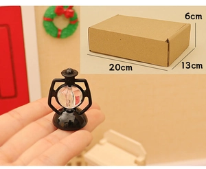 Miniature black lantern and packaging box dimensions for dollhouse Christmas decor