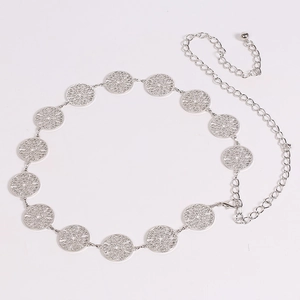 Detail of silver hollowed circular metal disk waist chain with adjustable lobster clasp