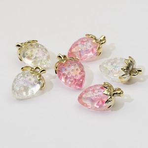Translucent strawberry charms with gold leaves for DIY jewelry making and accessories