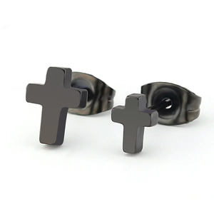 Close-up of black matte cross stud earrings made of high-quality stainless steel