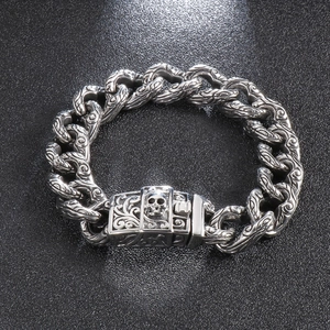 Men Vintage Stainless Steel Bracelet Gothic Carved Pattern Interlocking Curb Chain Skull Clasp Punk Rock Jewelry