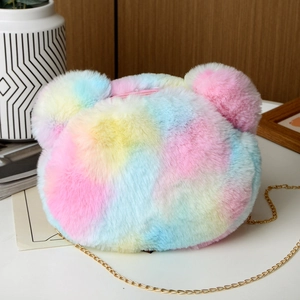 Detailed close-up of macaron gradient faux fur bear-shaped bag with golden chain strap
