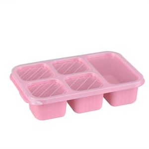 Pink wheat straw lunch box with 5 compartments and a clear lid for meal storage