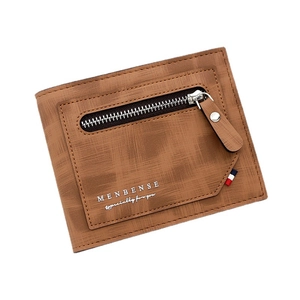 Men's dark brown bifold wallet with matte cross pattern texture and outer zipper pocket