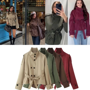 Trench-Coat Court Femme Double Boutonnage Avec Ceinture Revers Manches Longues Couleur Unie Veste Décontractée