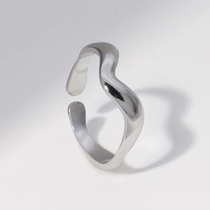 Bague ouverte vagues en acier inoxydable argenté, design minimaliste ajustable pour femme