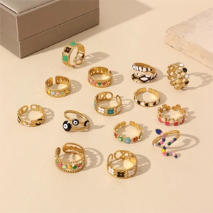 18k gold plated snake and geometric rings set with colorful enamel dripping oil details