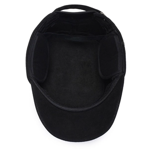 Interior view of black winter thermal flat cap with ear flaps and wool lining