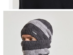 Detailed close-up of winter knitted beanie and neck warmer set with striped grey texture