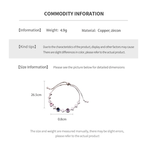Detailed view of rose gold bracelet with zircon flower and size measurements info