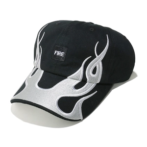 Detail shot of heavy embroidery flame patterns and FIRE text on black baseball cap