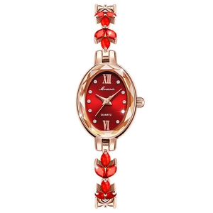 Women Quartz Watch Leaf Design Oval Dial Marquise Rhinestone Jewelry Bracelet Fashion Elegant Rose Gold Tone Wristwatch