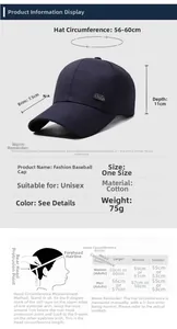 Size chart for cotton baseball cap showing brim depth and adjustable head circumference