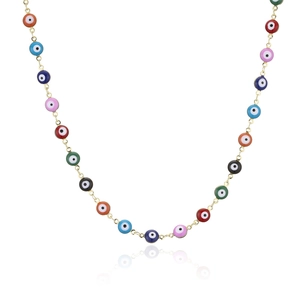 Detailed flat lay of a gold chain necklace featuring colorful evil eye charms on white