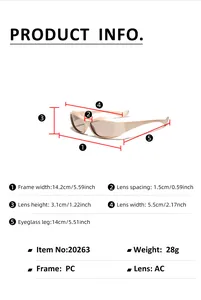 Size chart showing dimensions of square Y2K sunglasses including frame width and lens height