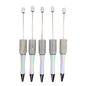 Set of five iridescent white DIY beadable pens with colorful crystal rhinestone accents