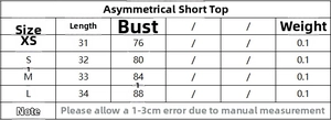 Guide des tailles pour haut court asymétrique texturé avec mesures et poids