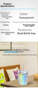 Close-up of 400ml iridescent glass cup with double-drink lid and glass straw details