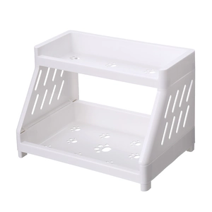 White double-layer plastic storage rack with cute cat paw cutouts for desk organization