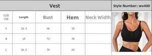 Detailed size chart for seamless yoga sports bra with measurements for S M L sizes