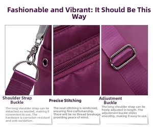 Detail of purple nylon bag featuring durable metal hooks and reinforced stitching work