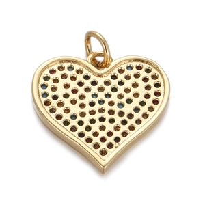 Detailed close-up of a golden heart pendant with colorful micro-pave zircon gemstones