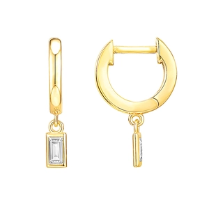 Detailed view of gold S925 silver hoop earrings with rectangular crystal pendant charms
