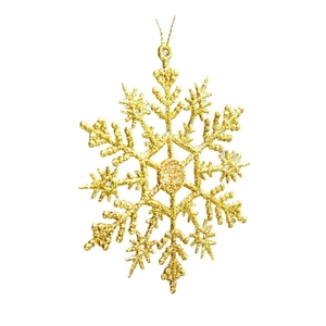 Glittery gold snowflake Christmas ornament with hanging string for holiday tree decoration