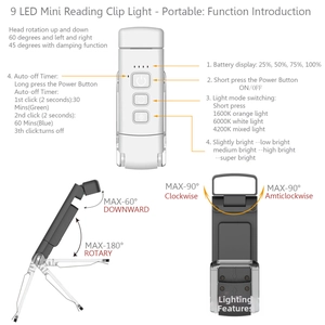 9 LED mini reading clip light with adjustable angles and multiple brightness modes