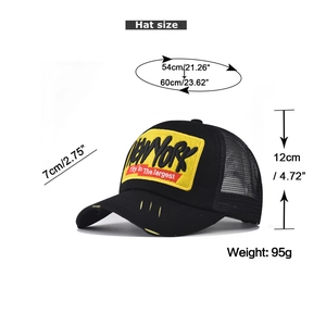 Detailed size specifications for the 3D embroidered New York breathable trucker mesh cap