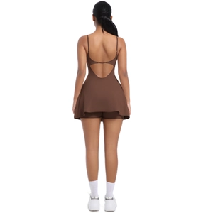 Women's backless sports dress in dark brown with built-in shorts for tennis or golf