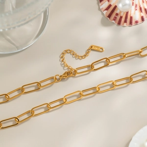 Collier chaîne trombone doré en acier inoxydable étanche sur un fond esthétique élégant