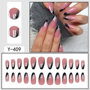 Pink and black French almond press-on nails with silver glitter lines, 24pcs kit Y-409