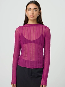 Slim fit purple semi-transparent long sleeve mesh top with vertical pleated texture