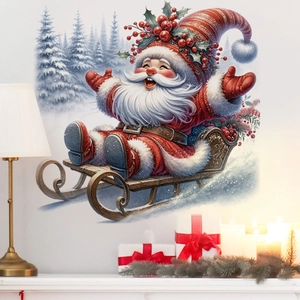 Detail of Christmas wall sticker with Santa on a sleigh above a fireplace setting