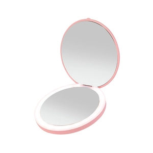 Pink portable LED folding makeup mirror with double-sided round design and lit ring