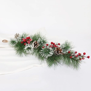 Artificial Christmas Garland With Pine Needles Red Berries And Pine Cones Snowy Holiday Home Decoration Mantel Wall Hanging