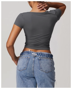 Slim fit dark grey breathable yoga T-shirt showing back view and fabric texture