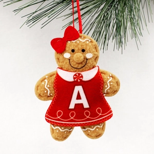 Christmas gingerbread girl plush ornament with red dress and white letter A decoration
