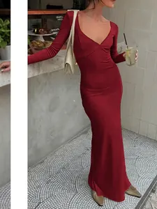 Elegante Abito Maxi A Maniche Lunghe Con Scollo A V Da Donna Vestibilità Aderente Festa Serale Abito Formale Poliestere Elastan
