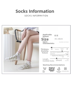 Detailed view of white cotton socks with pink ruffled edges and red flower embroidery