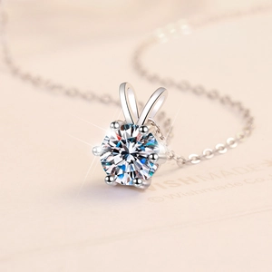 S925 sterling silver 1ct Moissanite necklace with 6-prong rabbit ear pendant setting
