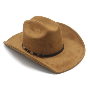 Detail of brown faux suede cowboy hat featuring vintage metal studs on a black leather band
