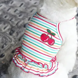 Rainbow striped dog dress with cherry embroidery and ruffle hem for small dogs