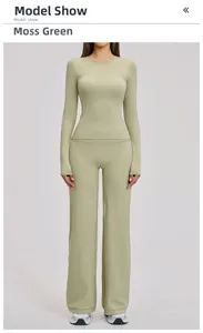 Macro view of moss green brushed yoga set with long sleeve top and wide leg pants