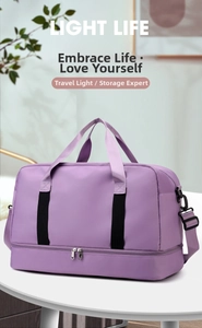 Macro shot of purple travel bag featuring dry-wet separation and bottom shoe compartment