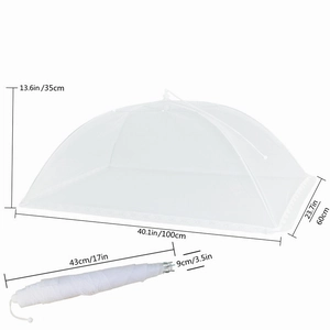 Collapsible rectangular white mesh food cover showing dimensions for open and folded states
