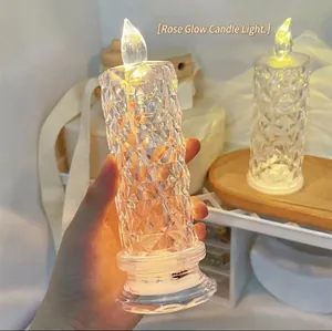 LED Flameless Candle Light Electronic Crystal Rose Diamond Texture Romantic Valentine Day Plastic Atmosphere Lamp Decoration