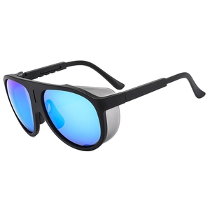 Oversized retro aviator sunglasses with blue mirrored lenses and windproof side shields