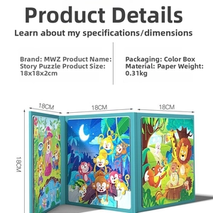 Macro detail of foldable magnetic children's animal puzzle book with dimensions shown